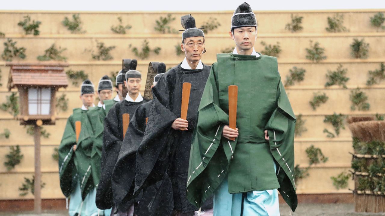 A ceremony is held on the Imperial Palace grounds in Tokyo to bless the Daijokyu Halls, the setting for the Daijosai great thanksgiving ceremony, on November 13, 2019. 
