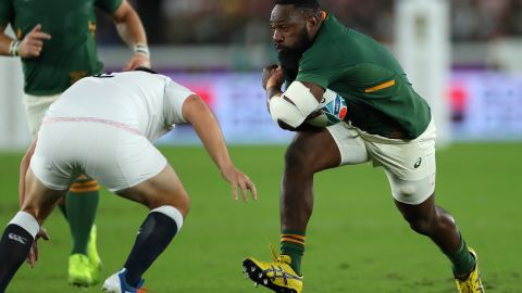 Tendai 'The Beast' Mtawarira runs at the England defence during the Rugby World Cup 2019 Final, the last of his 117 Tests for his nation. 