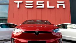 The logo marks the showroom and service center for the US automotive and energy company Tesla in Amsterdam on October 23, 2019. (Photo by JOHN THYS / AFP) (Photo by JOHN THYS/AFP via Getty Images)