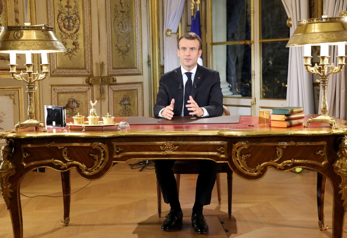 President Emmanuel Macron speaks during a special address to the nation about the gilets jaunes protests, on December 10, 2018, at the Elysee Palace, in Paris.