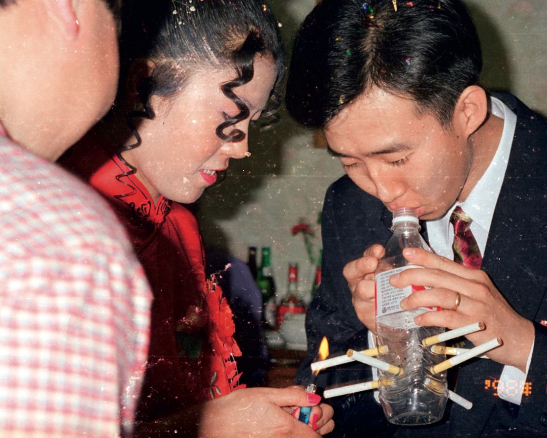 Sauvin's book "Till Death do us Part" brings together various photos of people smoking at weddings.