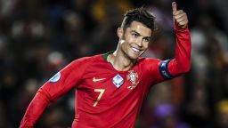 TOPSHOT - Portugal's forward Cristiano Ronaldo gives the thumb up during the Euro 2020 Group B football qualification match between Portugal and Lithuania at the Algarve stadium in Faro, on November 14, 2019. (Photo by PATRICIA DE MELO MOREIRA / AFP) (Photo by PATRICIA DE MELO MOREIRA/AFP via Getty Images)