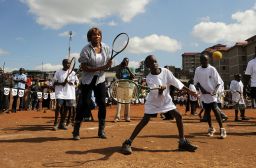 Williams plays tennis with pupils in Kibera, Kenya's largest slum.