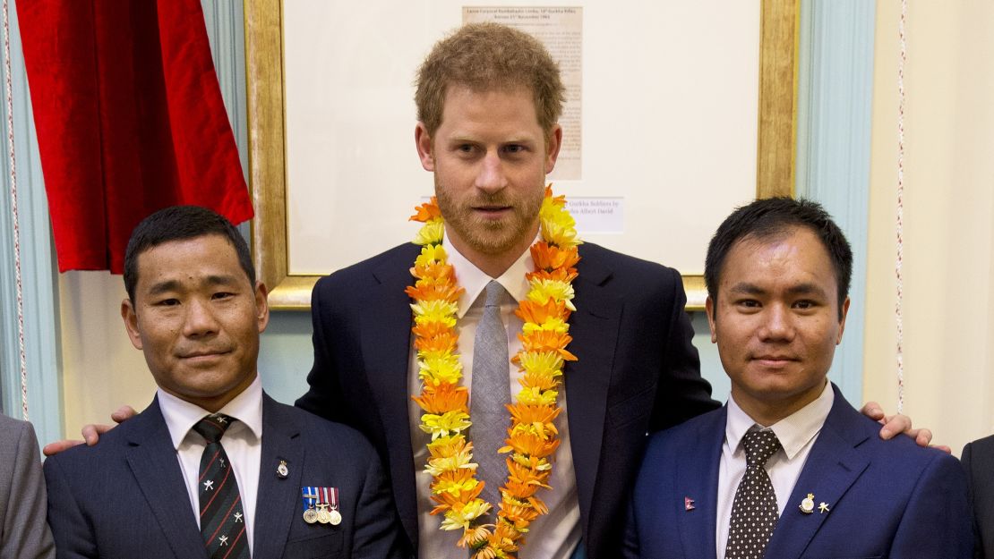 Magar with fellow Gurkha and double amputee Vinod Budhathoki and Prince Harry in 2017 at an event celebrating 200 years of UK-Nepalese relations. When the prince was in Afghanistan in 2007-2008 he served alongside Gurkhas.