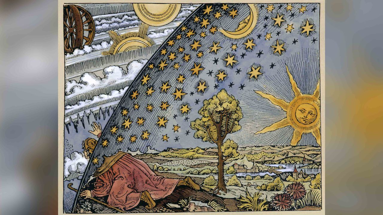 A medieval engraving of a scientist leaving the world, representing the change in conceptions of the world in the 16th century. 