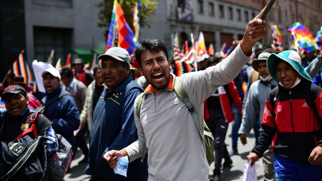 Supporters of Bolivian ex-President Evo Morales protest against the interim government in La Paz on November 15, 2019. 
