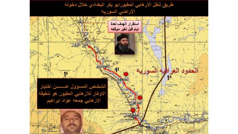 A map from Iraqi intelligence shows al-Baghdadi's travel northwards along the Euphrates River in Syria as well as his brother who helped him choose hideouts.