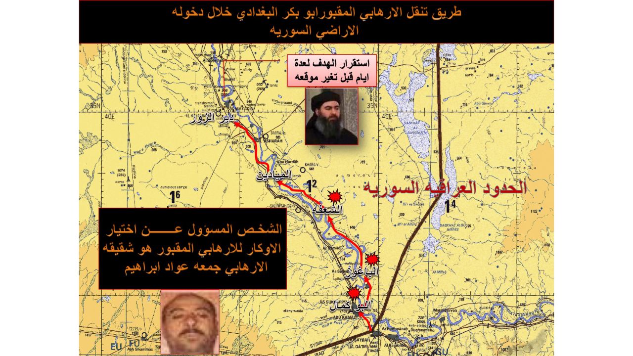 A map from Iraqi intelligence shows al-Baghdadi's travel northwards along the Euphrates River in Syria as well as his brother who helped him choose hideouts.