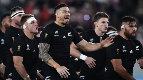 Sonny Bill Williams performs the haka at the Rugby World Cup in Japan.