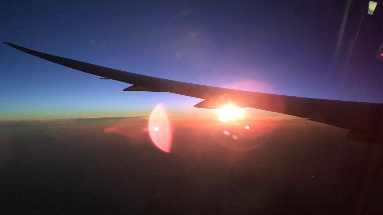 The second sunrise of the flight breaks on the left hand side of the airplane.