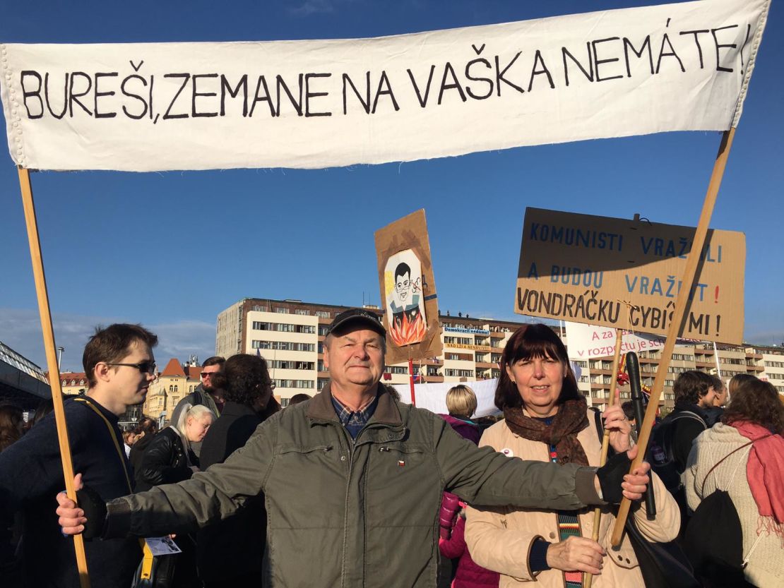 Miloslava and Pavel Šimáček march in Prague on Saturday -- 30 years after they took part in the Velvet Revolution protests.