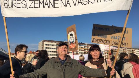 Miloslava and Pavel Šimáček march in Prague on Saturday -- 30 years after they took part in the Velvet Revolution protests.