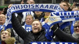 Finnish fans celebrate the 1-0 during the UEFA Euro 2020 Group J qualification football match between Finland and Liechtenstein in Helsinki, Finland, on November 15, 2019. (Photo by Markku Ulander / Lehtikuva / AFP) / Finland OUT (Photo by MARKKU ULANDER/Lehtikuva/AFP via Getty Images)