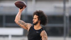 RIVERDALE, GA - NOVEMBER 16: Colin Kaepernick makes a pass during a private NFL workout held at Charles R Drew high school on November 16, 2019 in Riverdale, Georgia. Due to disagreements between Kaepernick and the NFL the location of the workout was abruptly changed.  (Photo by Carmen Mandato/Getty Images)