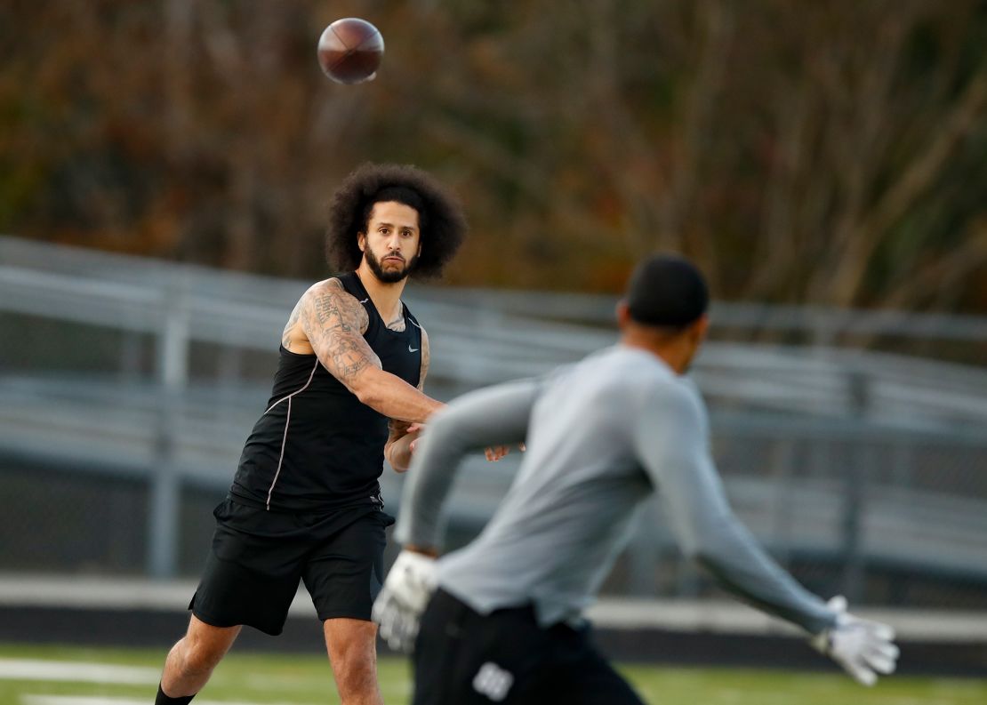 Free agent quarterback Colin Kaepernick participates in a workout for NFL on Saturday. 