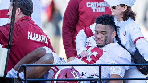 Alabama quarterback Tua Tagovailoa is carted off the field after suffering a dislocated hip against Mississippi State on Saturday, November 16, 2019.