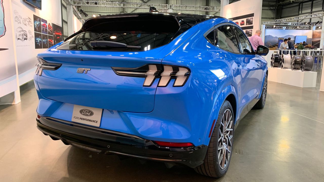 The Ford Mustang Mach-E's taillights are widely spread out to accentuate the crossover SUV's width and make it look more like a sports car.