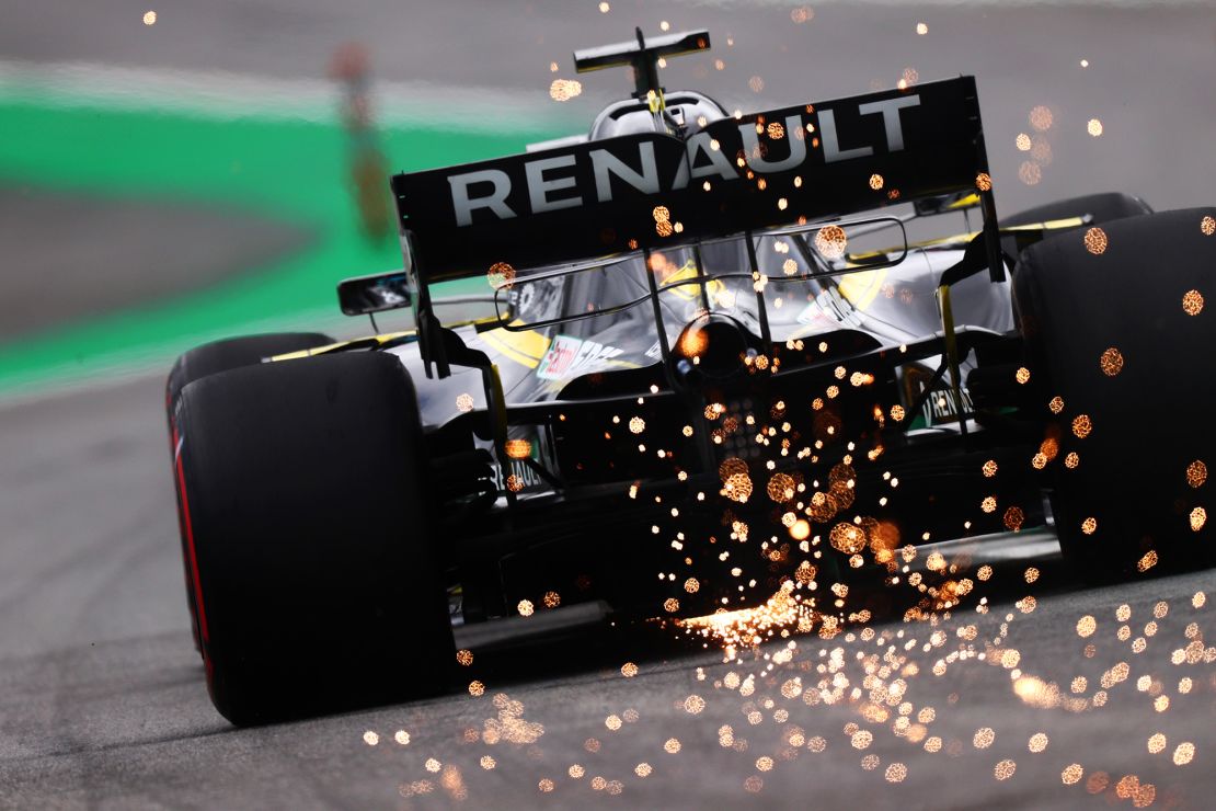 Sparks fly behind Daniel Ricciardo's Renault during final practice for the F1 Grand Prix of Brazil at Autodromo Jose Carlos Pace on November 16, 2019 in Sao Paulo, Brazil.