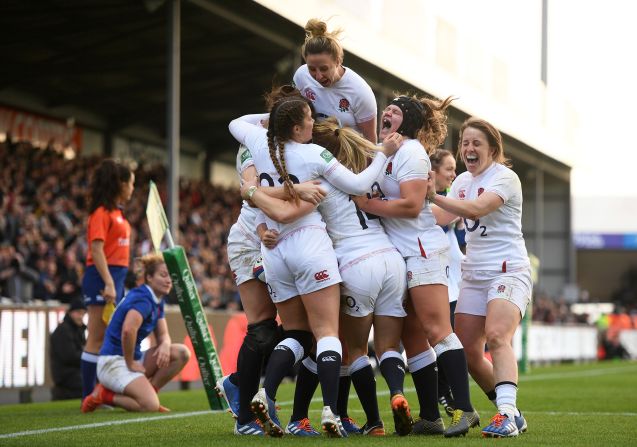 England celebrates a try scored by Lydia Thompson during a Quilter International rugby match against France in Exeter, England, on Saturday, November 16.