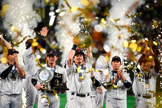 Japan celebrates winning the WBSC Premier 12 baseball championship against South Korea at the Tokyo Dome on Sunday, November 17.