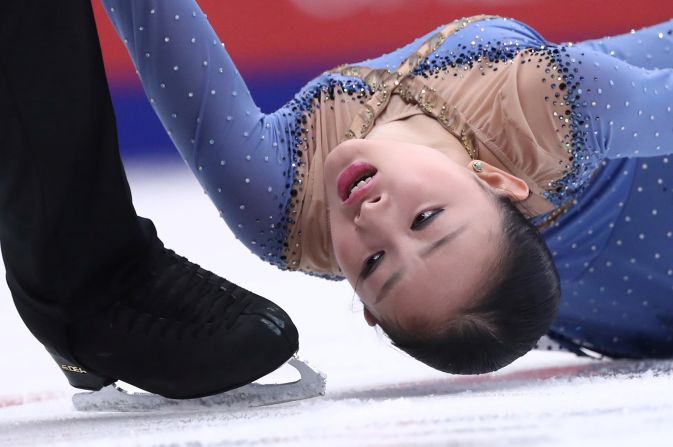 Audrey Lu of the US performs with her partner Misha Mitrofanov during the pairs free skating competition of the Rostelecom Cup in Moscow, Russia, on Saturday, November 16.
