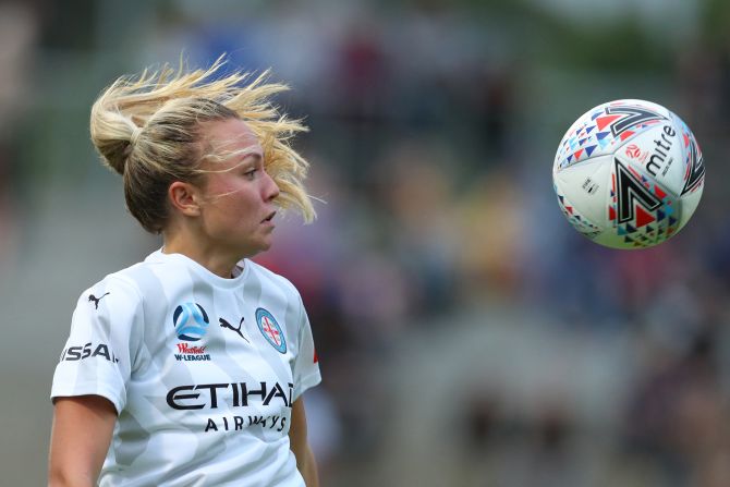 Claire Emslie of Melbourne City traps the ball during the round 1 W-League match between the Newcastle Jets and Melbourne City in Newcastle, Australia on Sunday, November 17.