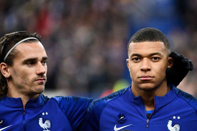 France's forward Antoine Griezmann teases his teammate Kylian Mbappe prior to a Euro 2020 qualifying soccer match between France and Moldova in Paris, France, on Thursday, November 14.