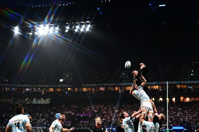 Racing 92's flanker Wenceslas Lauret fights for the ball with Saracens' flanker Nick Isiekwe during a European Champions ruby match in Nanterre, France, on Sunday, November 17.