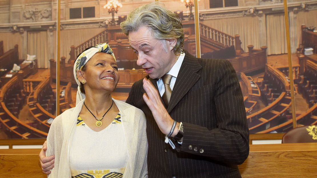 Bogaletch Gebre and Bob Geldof are awarded the North-South Prize at the Portuguese Parliament in Lisbon on November 21, 2005.