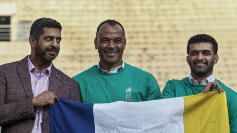 Al-Khater is joined by Brazilian two-time World Cup champion Cafu (middle) and Secretary General of the Supreme Committee for Delivery & Legacy Hassan Al-Thawadi (right).