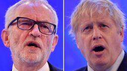 A combination of pictures created in London on November 18, 2019 shows Britain's Prime Minister and Conservative Party leader Boris Johnson (R) and Britain's main opposition Labour Party leader Jeremy Corbyn (L) giving speeches during their general election campaigns. - Britain will go to the polls on December 12, 2019 to vote in a pre-Christmas general election. (Photo by Ben STANSALL / AFP) (Photo by BEN STANSALL/AFP via Getty Images)