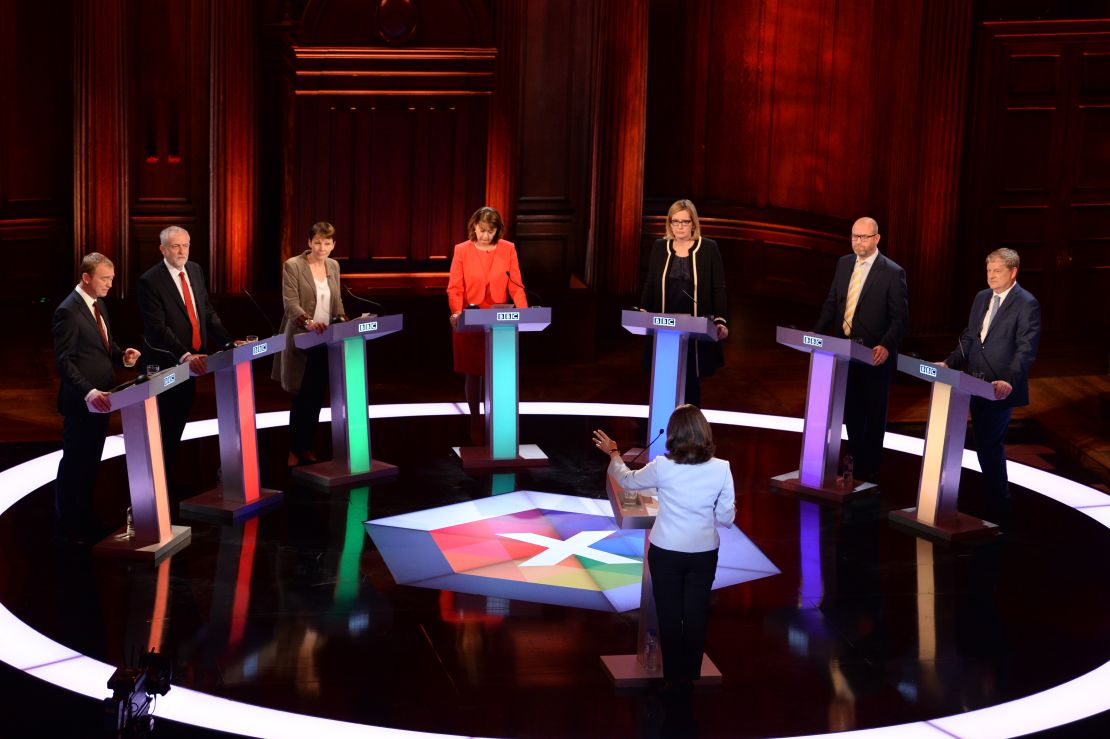 Six party leaders -- and the Conservatives' stand-in Amber Rudd -- during the 2017 debate.