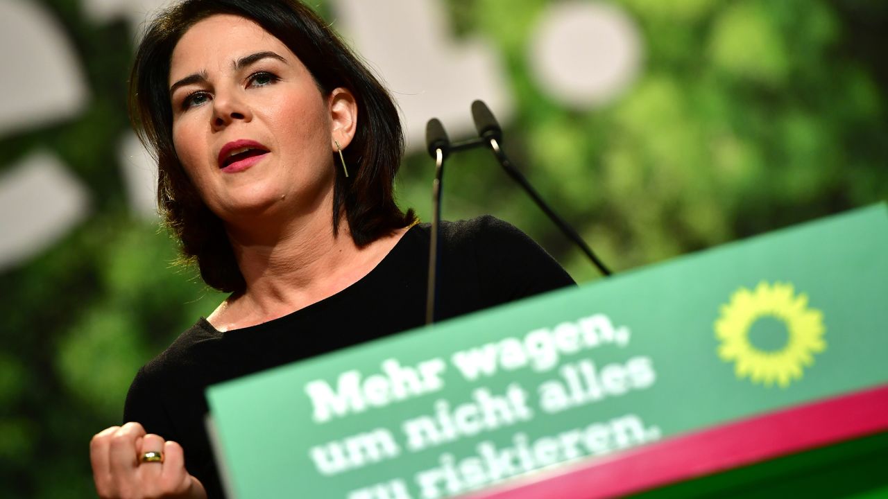 Annalena Baerbock, the leader of the Greens, delivers a speech at the conference in the German city of Bielefeld. 