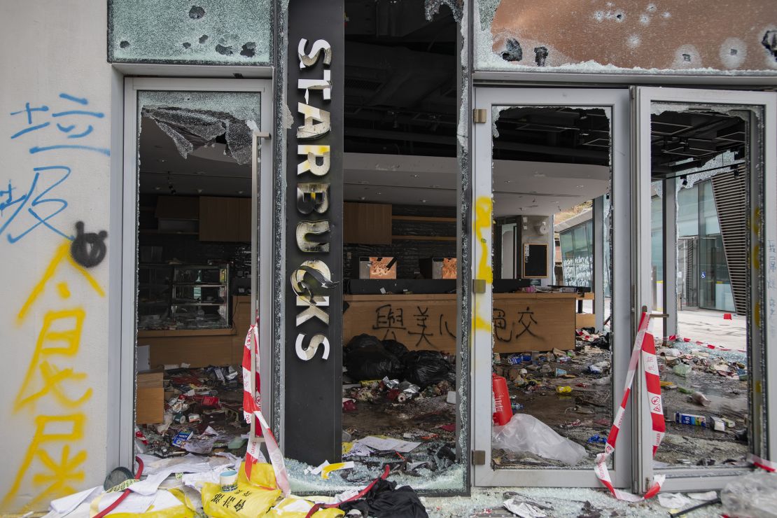 A Starbucks on the PolyU campus was heavily vandalized, as were others near the school. The coffee chain is regularly targeted by protesters because the family that owns Maxim's, which owns the Starbucks franchise in Hong Kong, has criticized protesters and supported police. 