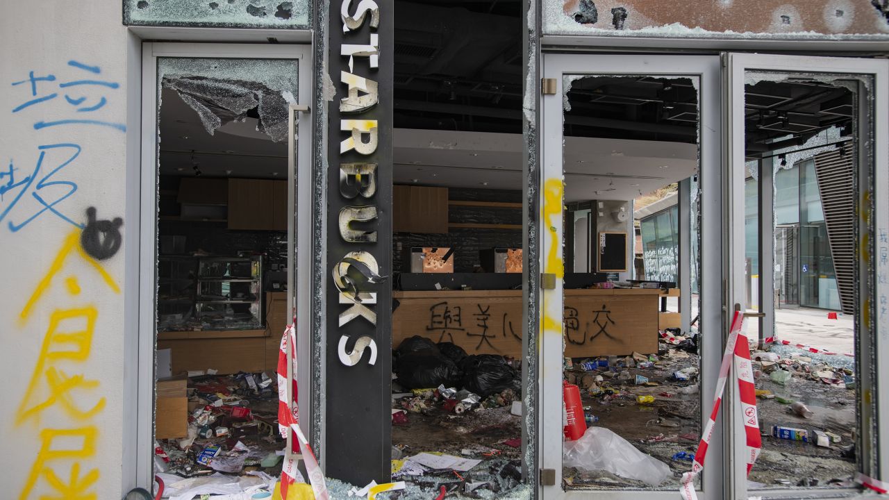 A Starbucks on the PolyU campus was heavily vandalized, as were others near the school. The coffee chain is regularly targeted by protesters because the family that owns Maxim's, which owns the Starbucks franchise in Hong Kong, has criticized protesters and supported police.