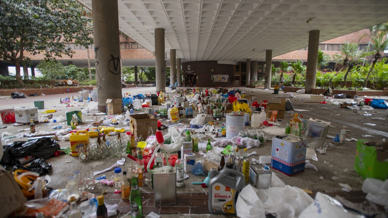 Piles of unused bottles of petrol bombs are seen near one of the entrances to the university.