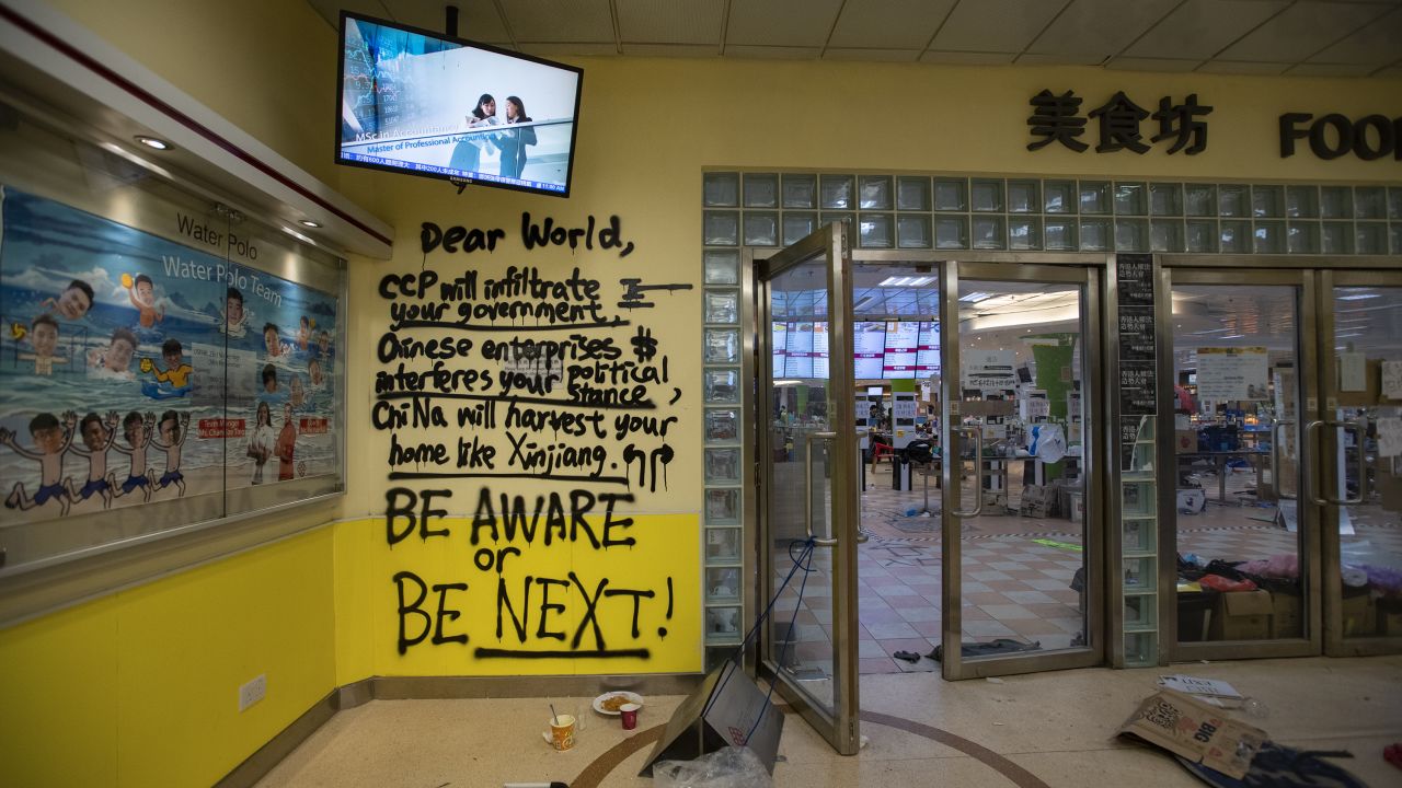Graffiti is seen at the entrance of the canteen, which became something of a headquarters for protesters at PolyU.