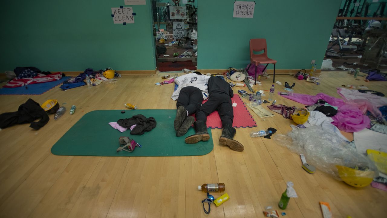 Protesters sleep inside the gymnasium.