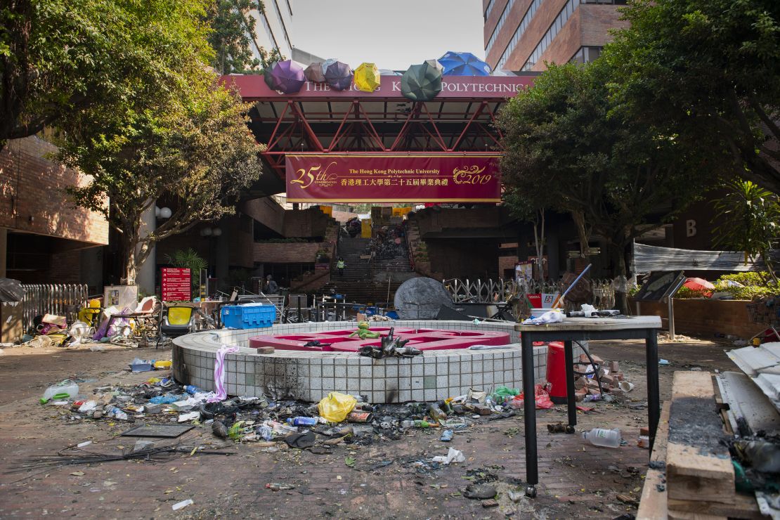 One of the main entrances to Hong Kong's Polytechnic University as seen Tuesday morning.