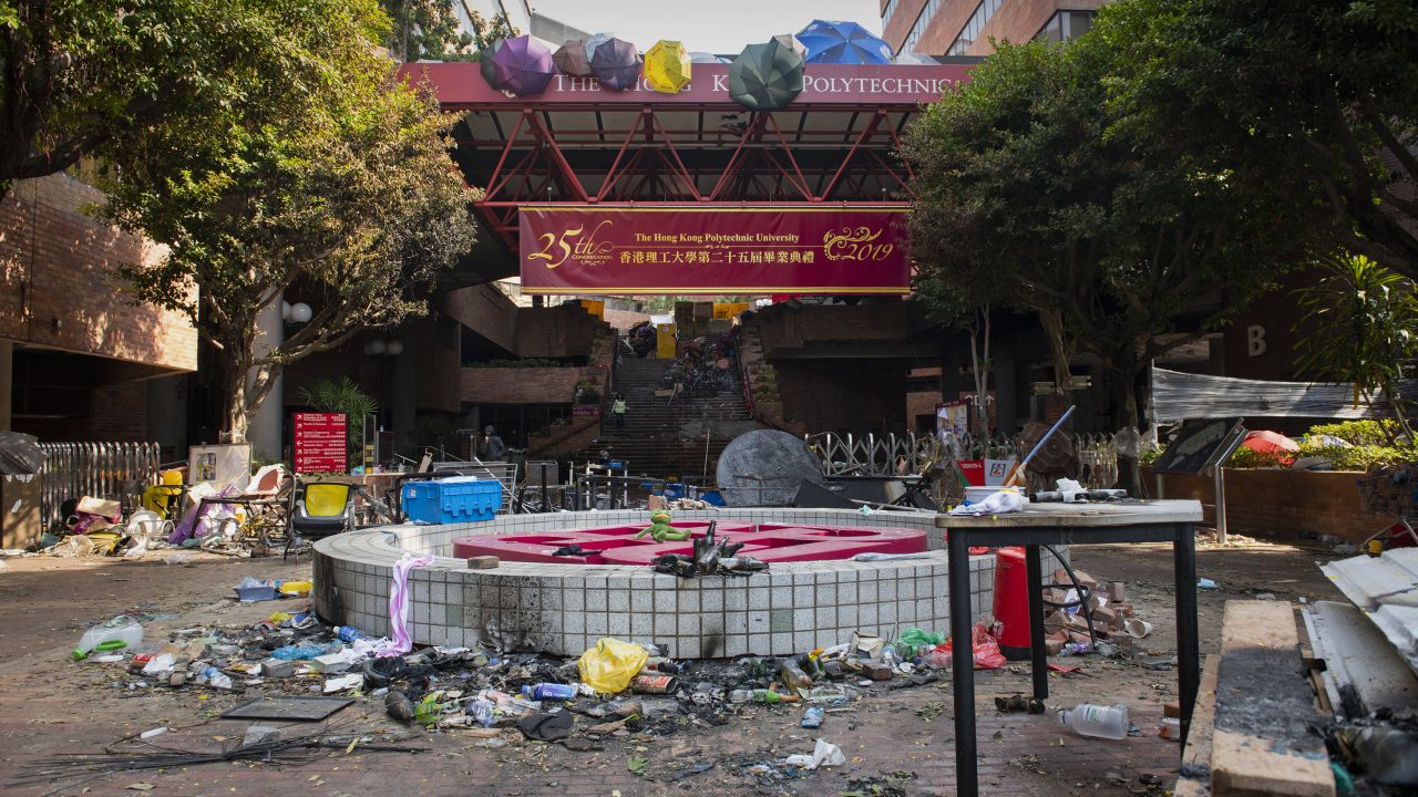 One of the main entrances to Hong Kong's Polytechnic University as seen Tuesday morning.
