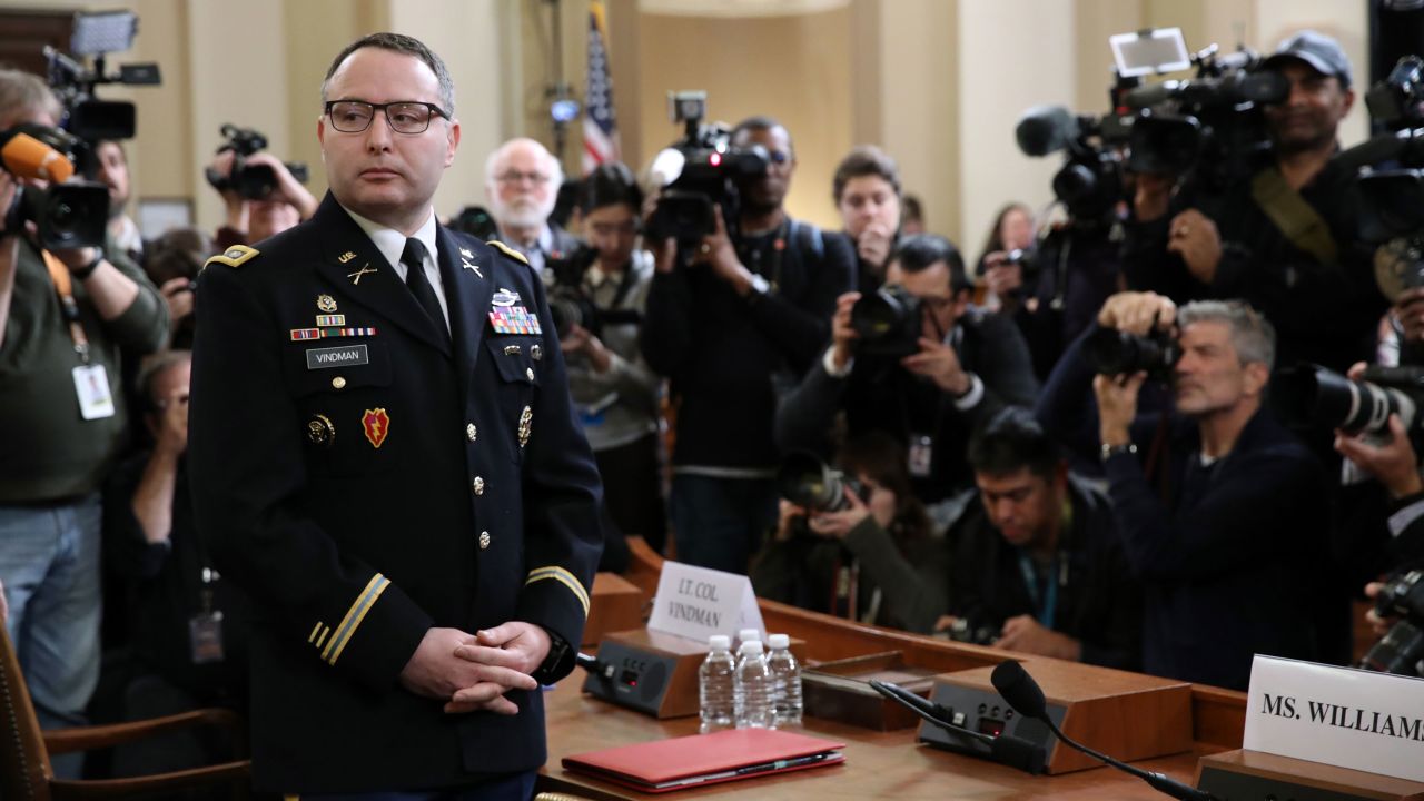 WASHINGTON, DC - NOVEMBER 19: National Security Council Director for European Affairs Lt. Col. Alexander Vindman arrives to testify before the House Intelligence Committee in the Longworth House Office Building on Capitol Hill November 19, 2019 in Washington, DC. The committee will hear testimony during the third day of open hearings in the impeachment inquiry against U.S. President Donald Trump, whom House Democrats say held back U.S. military aid for Ukraine while demanding it investigate his political rivals and the unfounded conspiracy theory that Ukrainians, not Russians, were behind the 2016 computer hacking of the Democratic National Committee. (Photo by Drew Angerer/Getty Images)