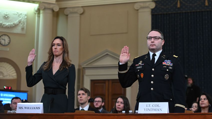 National Security Council Ukraine expert Lieutenant Colonel Alexander Vindman and Jennifer Williams, an aide to Vice President Mike Pence are sworn in before the House Intelligence Committee, on Capitol Hill in Washington, DC on November 19, 2019. - President Donald Trump faces more potentially damning testimony in the Ukraine scandal as a critical week of public impeachment hearings opens Tuesday in the House of Representatives. (Photo by Andrew CABALLERO-REYNOLDS / AFP) (Photo by ANDREW CABALLERO-REYNOLDS/AFP via Getty Images)
