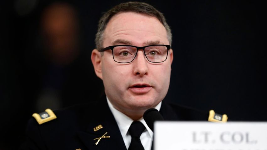 National Security Council aide Lt. Col. Alexander Vindman testifies before the House Intelligence Committee on Capitol Hill in Washington, Tuesday, Nov. 19, 2019, during a public impeachment hearing of President Donald Trump's efforts to tie U.S. aid for Ukraine to investigations of his political opponents. (AP Photo/Andrew Harnik)