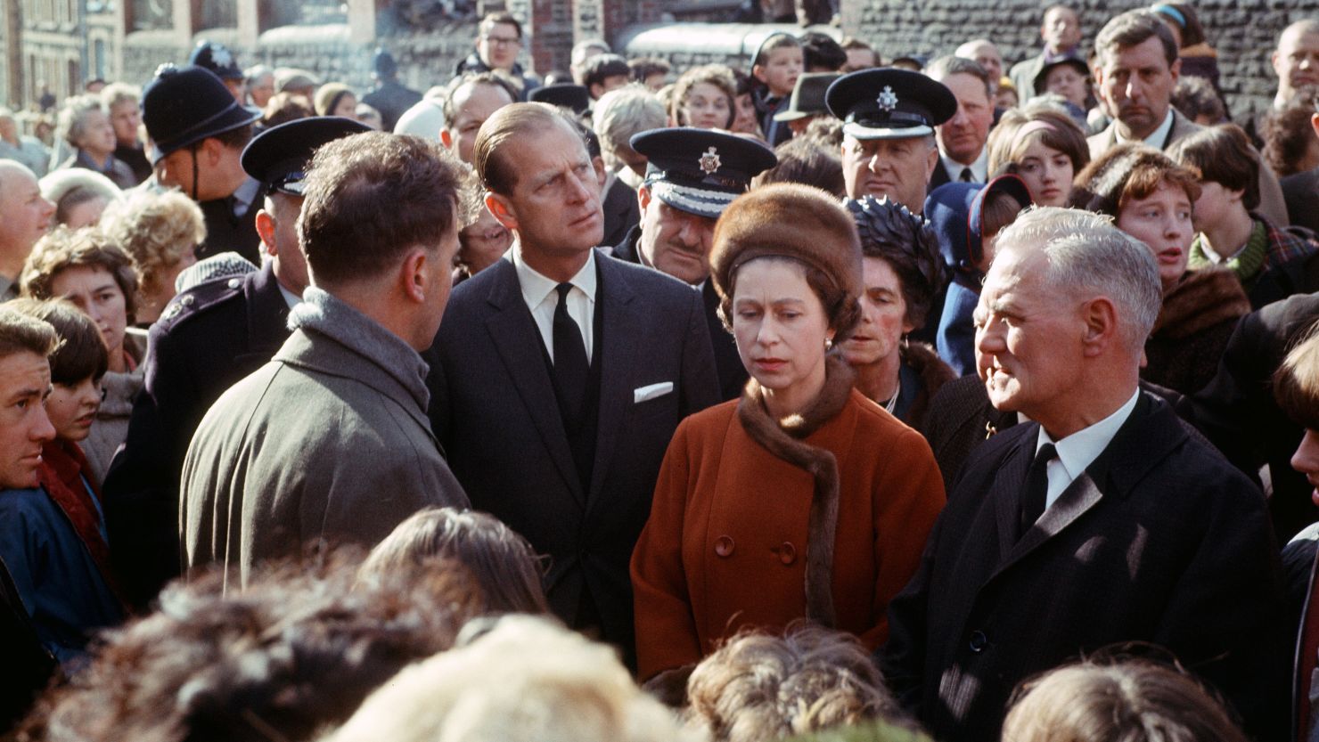 The Queen and Prince Philip visit Aberfan in 1966 in the aftermath of the disaster. 