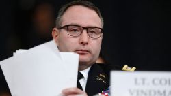 National Security Council aide Lt. Col. Alexander Vindman testifies before the House Intelligence Committee on Capitol Hill in Washington, Tuesday, Nov. 19, 2019, during a public impeachment hearing of President Donald Trump's efforts to tie U.S. aid for Ukraine to investigations of his political opponents. (AP Photo/Andrew Harnik)