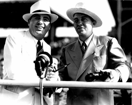 Bing Crosby (right) and fellow co-founder of Del Mar racetrack, Pat O'Brien, address the crowd.