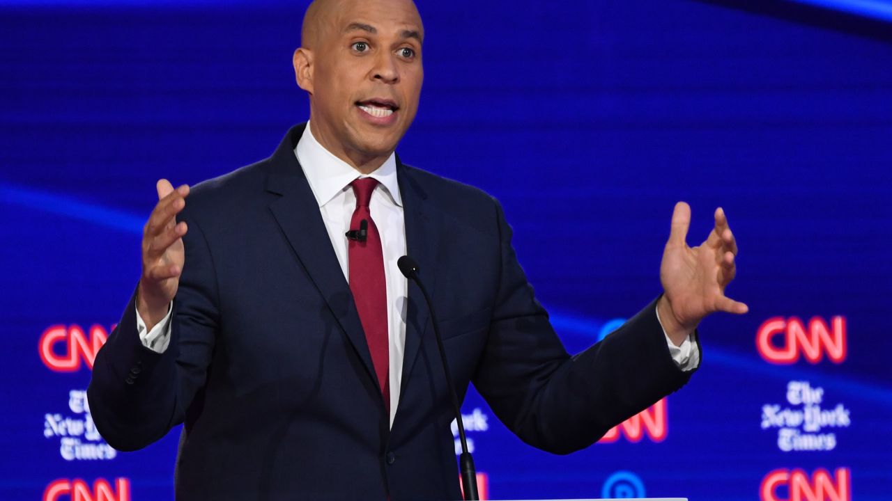 Democratic presidential hopeful New Jersey Sen. Cory Booker speaks during the fourth Democratic primary debate of the 2020 presidential campaign season co-hosted by The New York Times and CNN at Otterbein University in Westerville, Ohio on October 15, 2019.