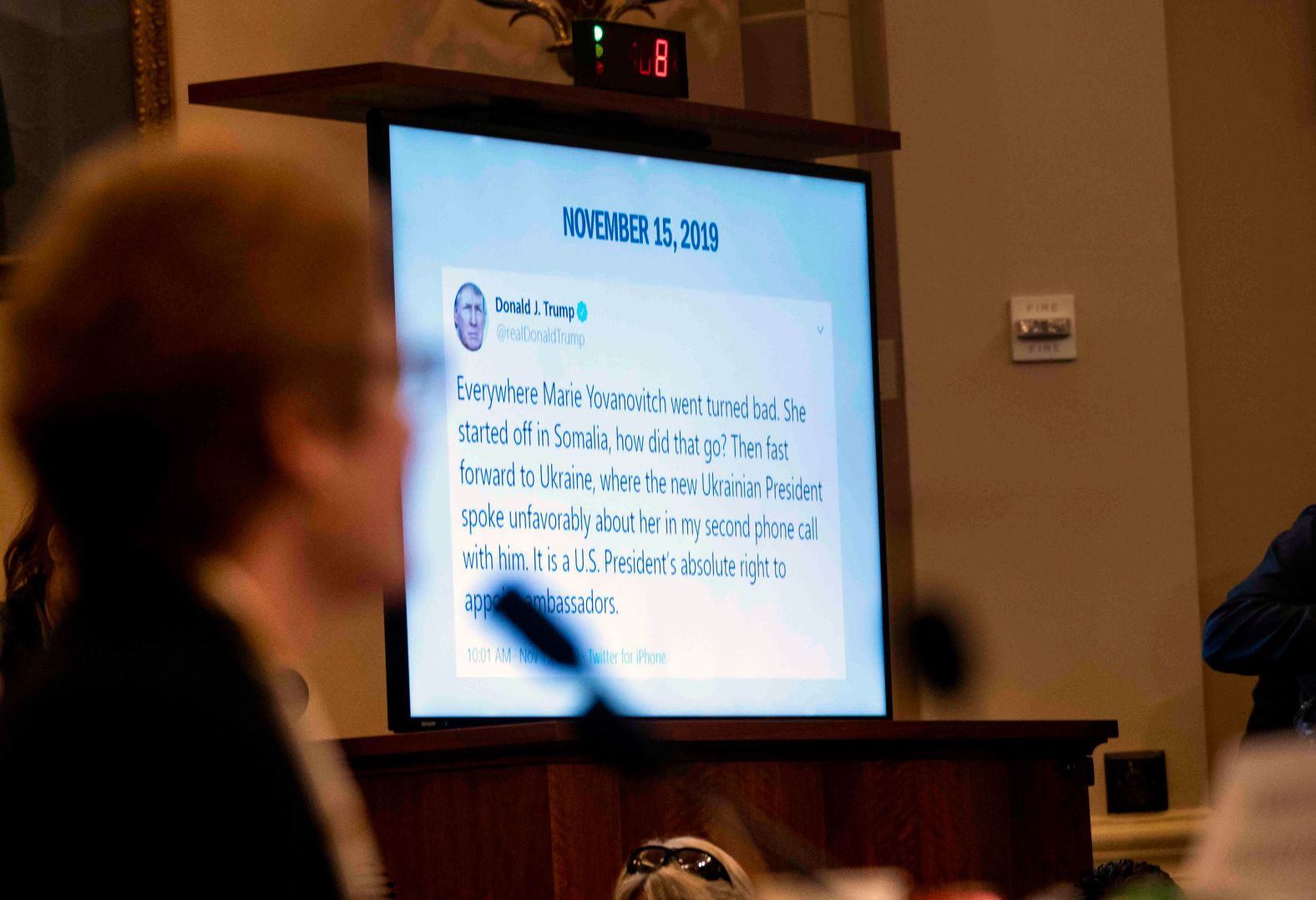 A tweet from President Trump is displayed on a video monitor as Marie Yovanovitch, the former United States ambassador to Ukraine, appears before the House Intelligence Committee on November 15. <a href="index.php?page=&url=https%3A%2F%2Fwww.cnn.com%2F2019%2F11%2F15%2Fpolitics%2Fpublic-impeachment-hearings-day-2%2Findex.html" target="_blank">Yovanovitch</a> spent 33 years in the State Department, serving both Republican and Democratic presidents. Trump removed her in May.