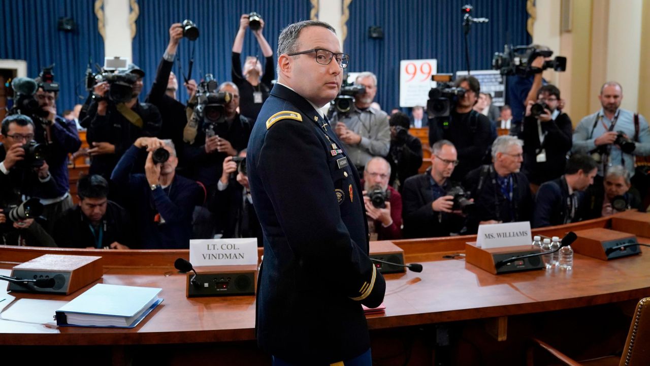 WASHINGTON, DC - NOVEMBER 19:  Lt. Col. Alexander Vindman, National Security Council Director for European Affairs, arrives to testify before the House Intelligence Committee in the Longworth House Office Building on Capitol Hill November 19, 2019 in Washington, DC. The committee is set to hear testimony during the third day of open hearings in the impeachment inquiry against U.S. President Donald Trump, who House Democrats say withheld U.S. military aid for Ukraine in exchange for Ukrainian investigations of his political rivals. (Photo by Win McNamee/Getty Images)