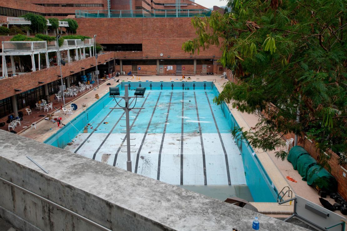 A pool that was emptied and used for petrol bomb practice by protesters is seen Tuesday.